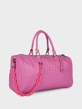 Pink Croc Embossed Weekend Duffel Bag with Chain Strap Luggage Tag